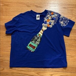 Queen of Sparkles Blue T-Shirt with Sequin Champagne Design SZ large